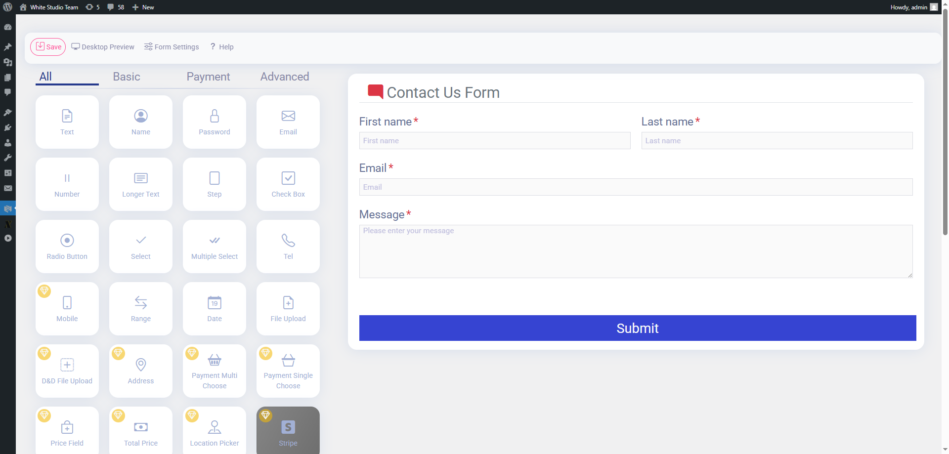 Der Drag-and-drop-Editor von Easy Form Builder im WordPress-Admin: links die Feldpalette, rechts die Live-Vorschau eines Kontaktformulars