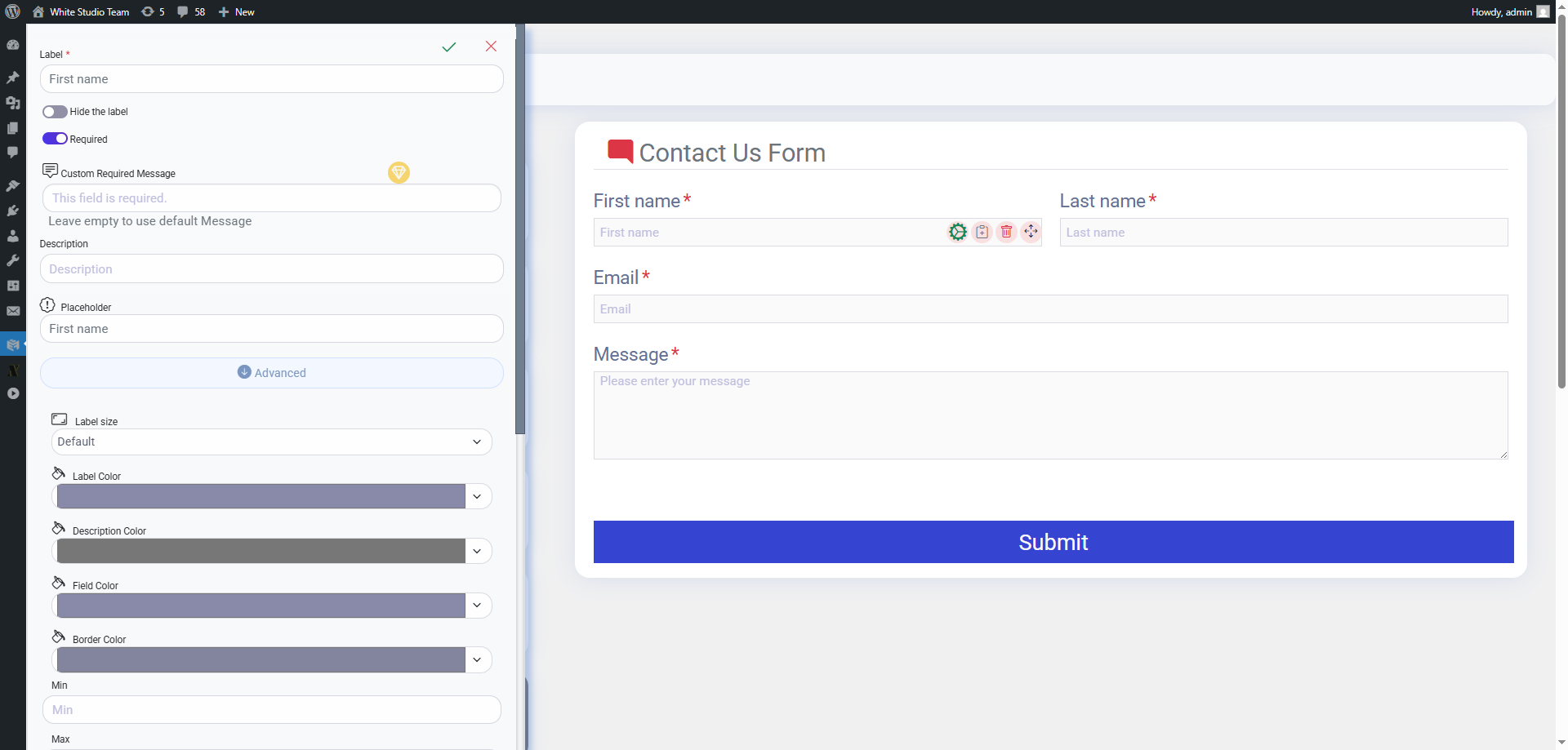 Das Eigenschaften-Panel eines Feldes in Easy Form Builder mit Bezeichnung, Pflichtfeld-Schalter, Beschreibung, Platzhalter sowie erweiterten Farb- und Größenoptionen