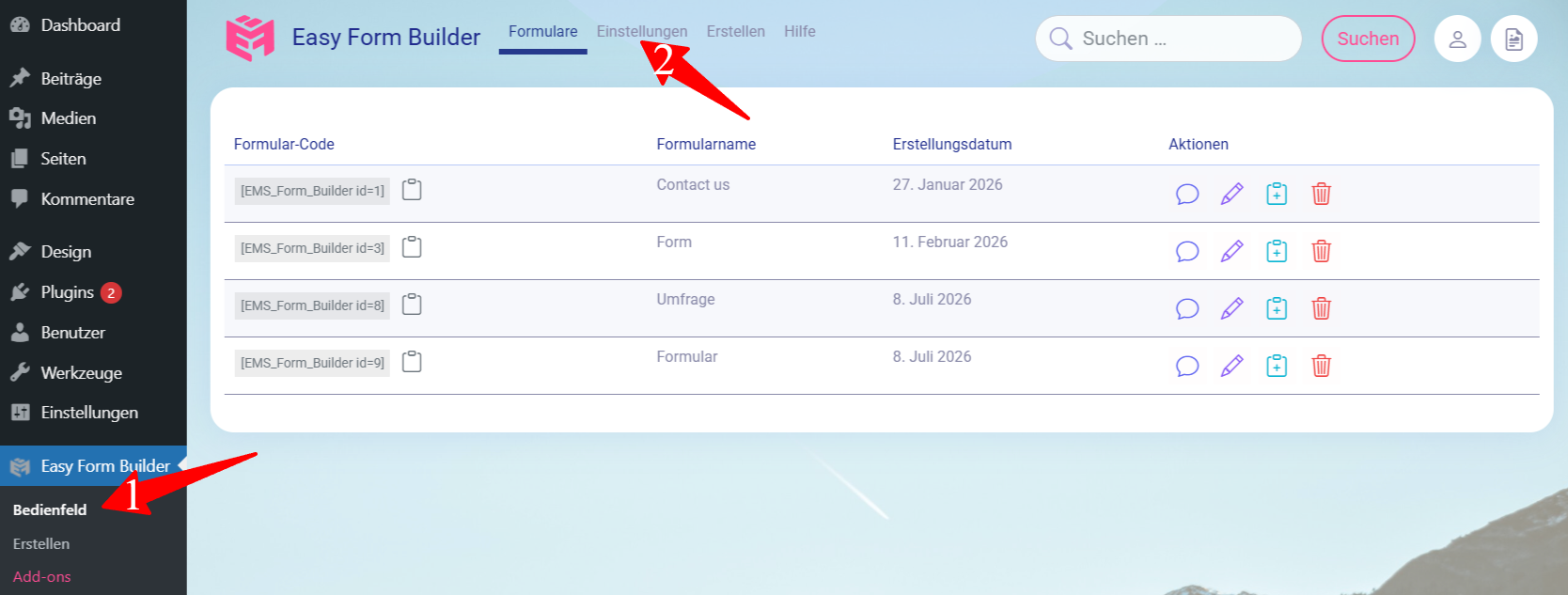 Easy-Form-Builder-Bedienfeld in der Seitenleiste des WordPress-Adminbereichs