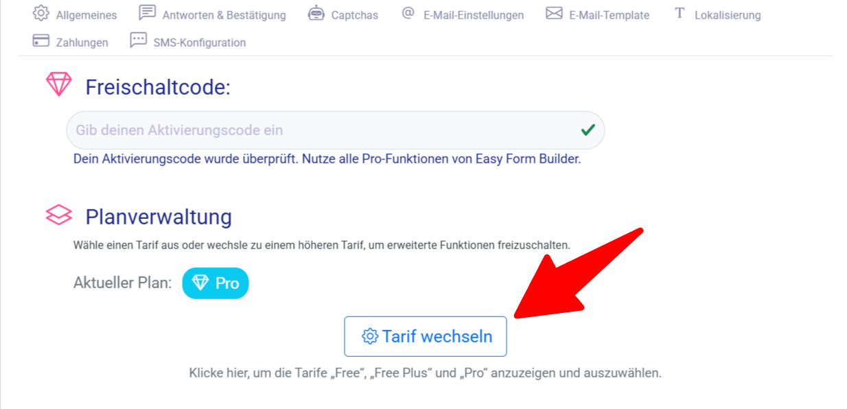 Schaltfläche „Tarif wechseln“ in den allgemeinen Einstellungen von Easy Form Builder