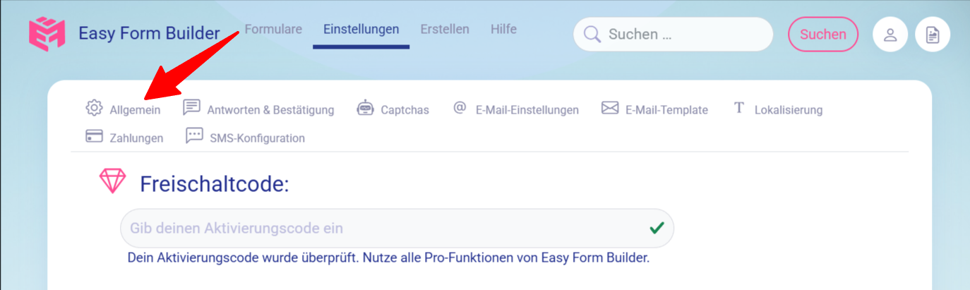 Reiter „Allgemein“ in den Einstellungen von Easy Form Builder