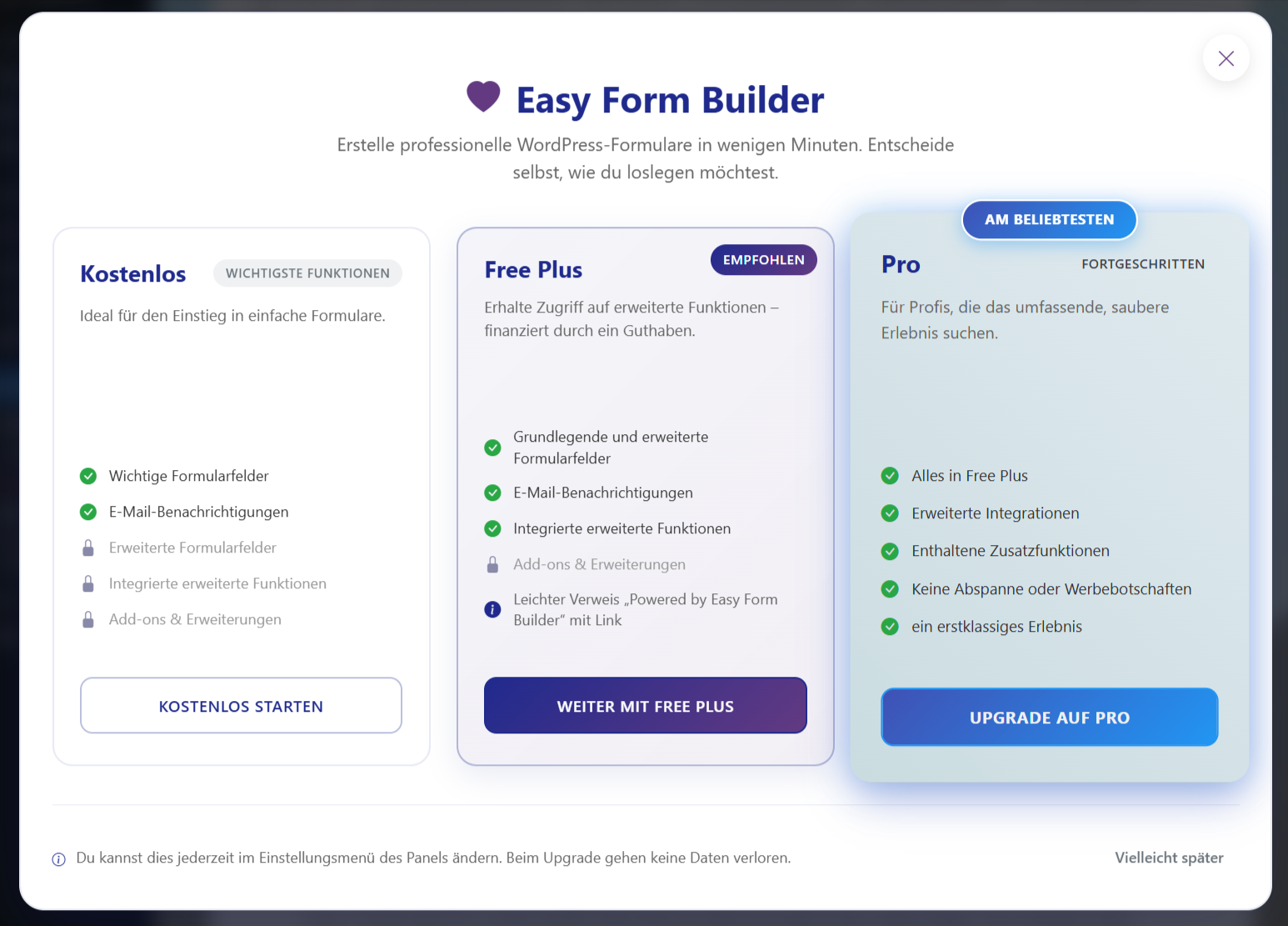 Auswahlfenster mit den Tarifen Free, Free Plus und Pro