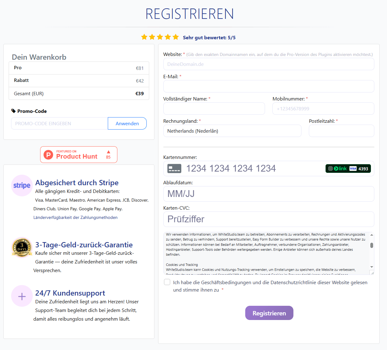 Registrierungs- und Zahlungsformular für Easy Form Builder Pro